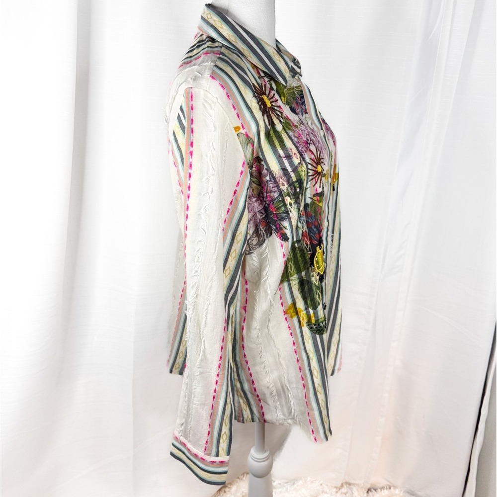 Chico's Shirt Womens 2 US 12 Embroidered Beaded Floral Stripe Boho Fringe Top - Picture 2 of 14